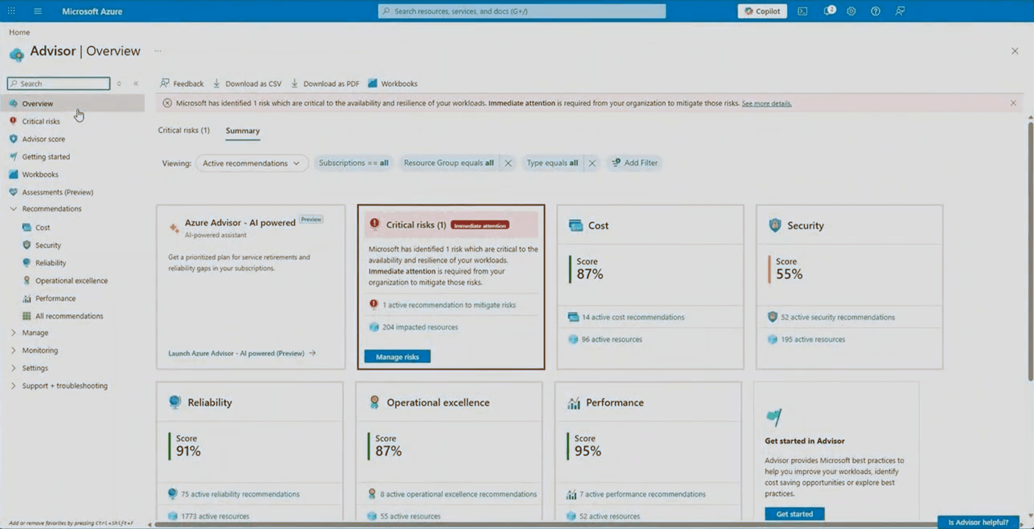 The GA Advisor experience: thousands of active resources, recommendations organized by category, and the new AI-powered entry point.