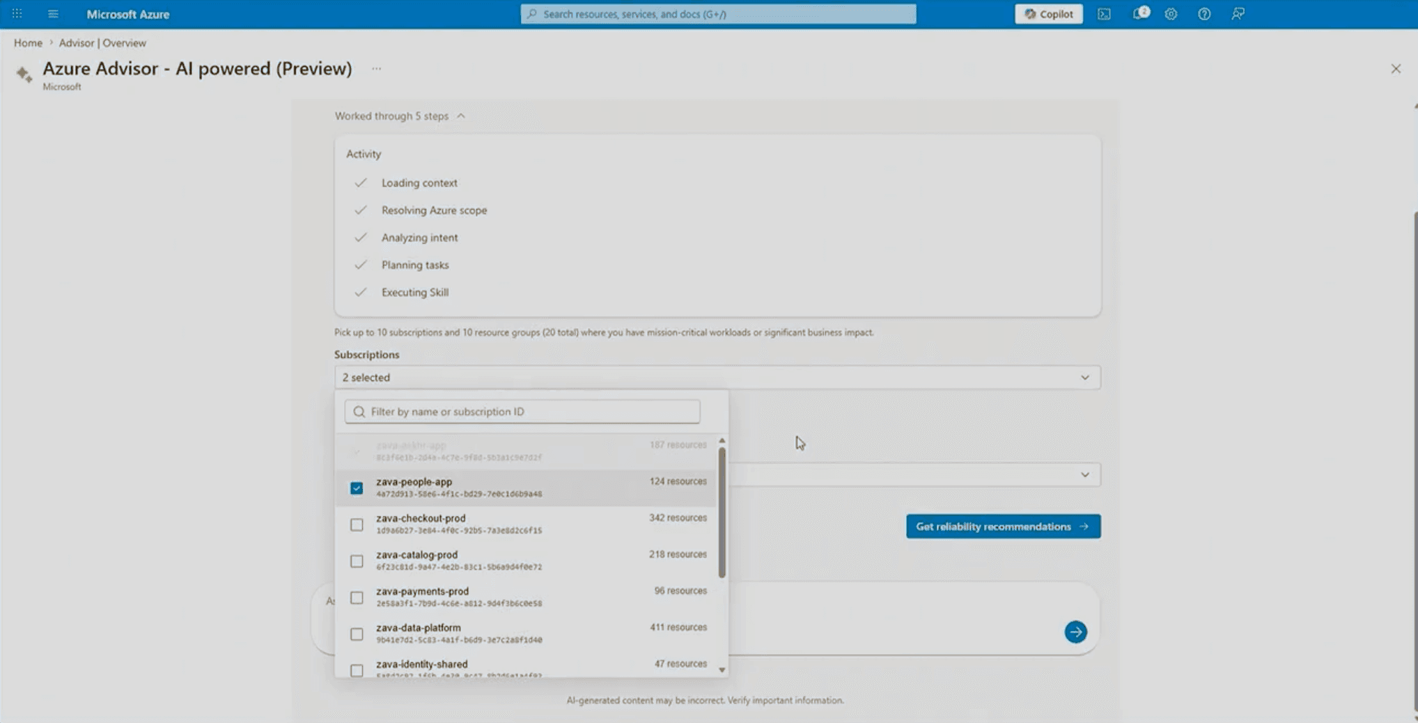 The experience starts by asking, not telling: pick up to 10 subscriptions and 10 resource groups where your mission-critical workloads live.
