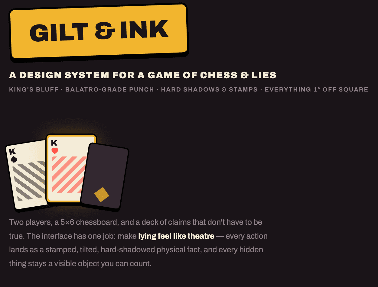 The Gilt and Ink title plate: heavy gold stamp, hard drop shadows, and three playing cards in the system's resting, selected, and face-down states.