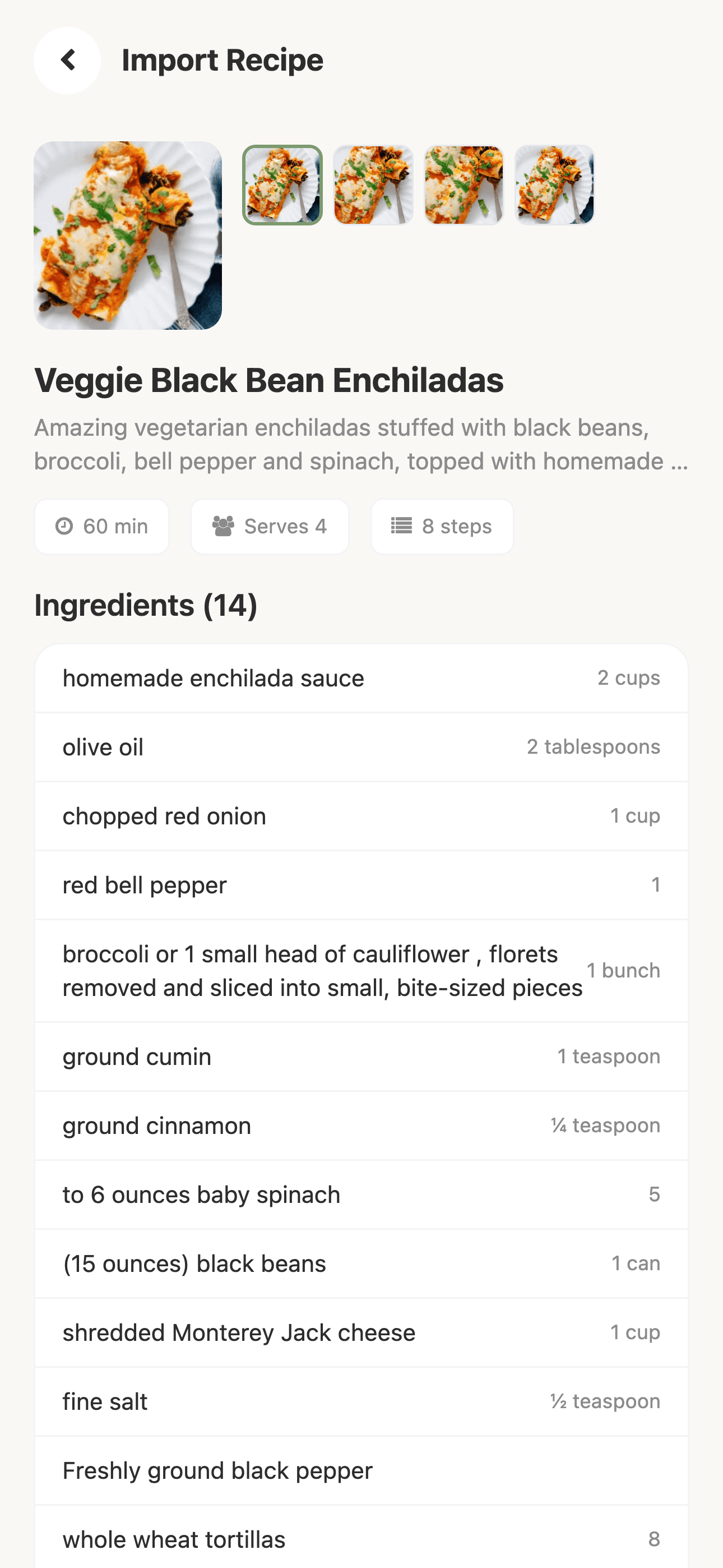 Importing a recipe from a URL: photo, metadata, and a parsed ingredient list.