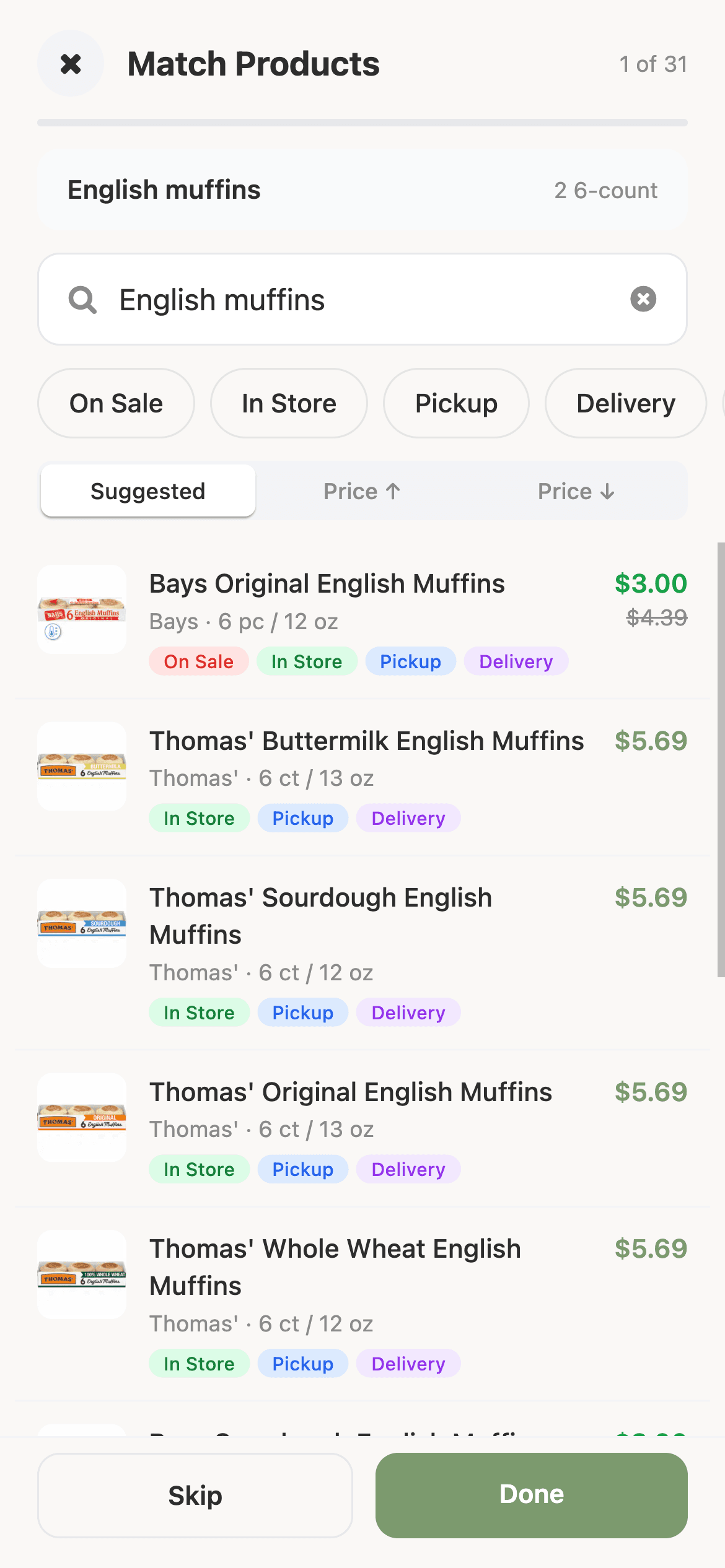 Matching grocery items to real Kroger products with live prices, sale flags, and pickup/delivery filters.