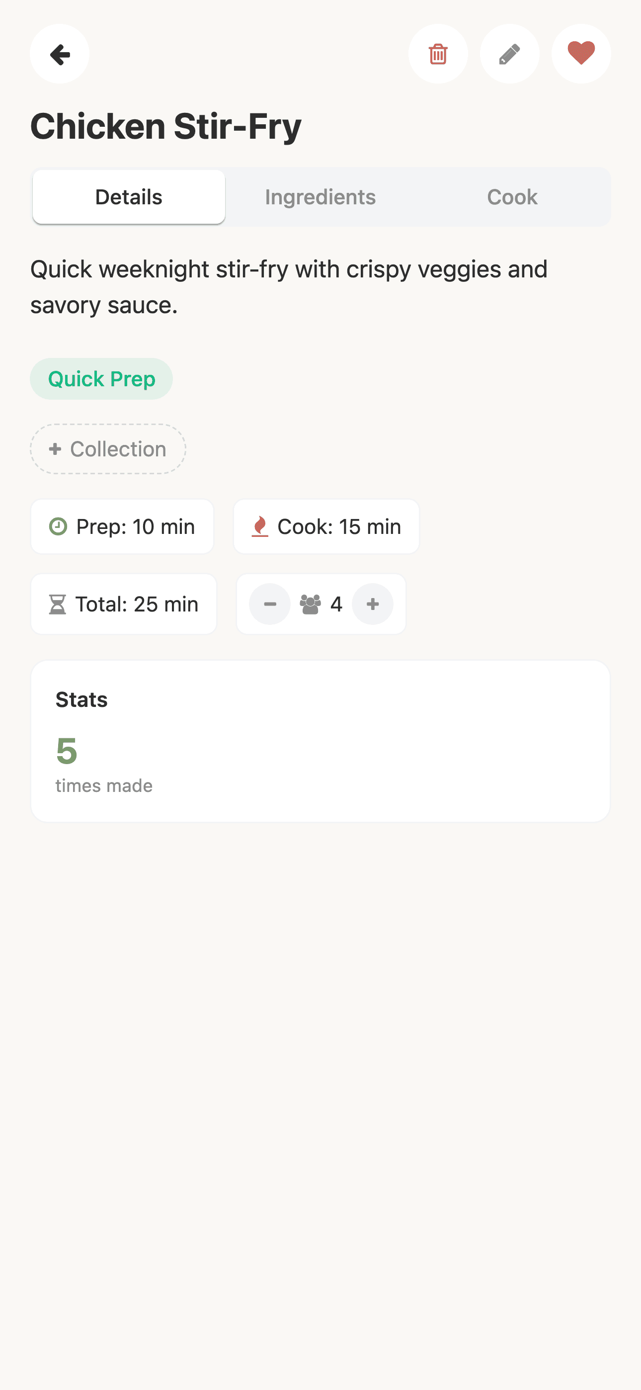 A saved recipe with details, serving scaler, and a times-made stat.