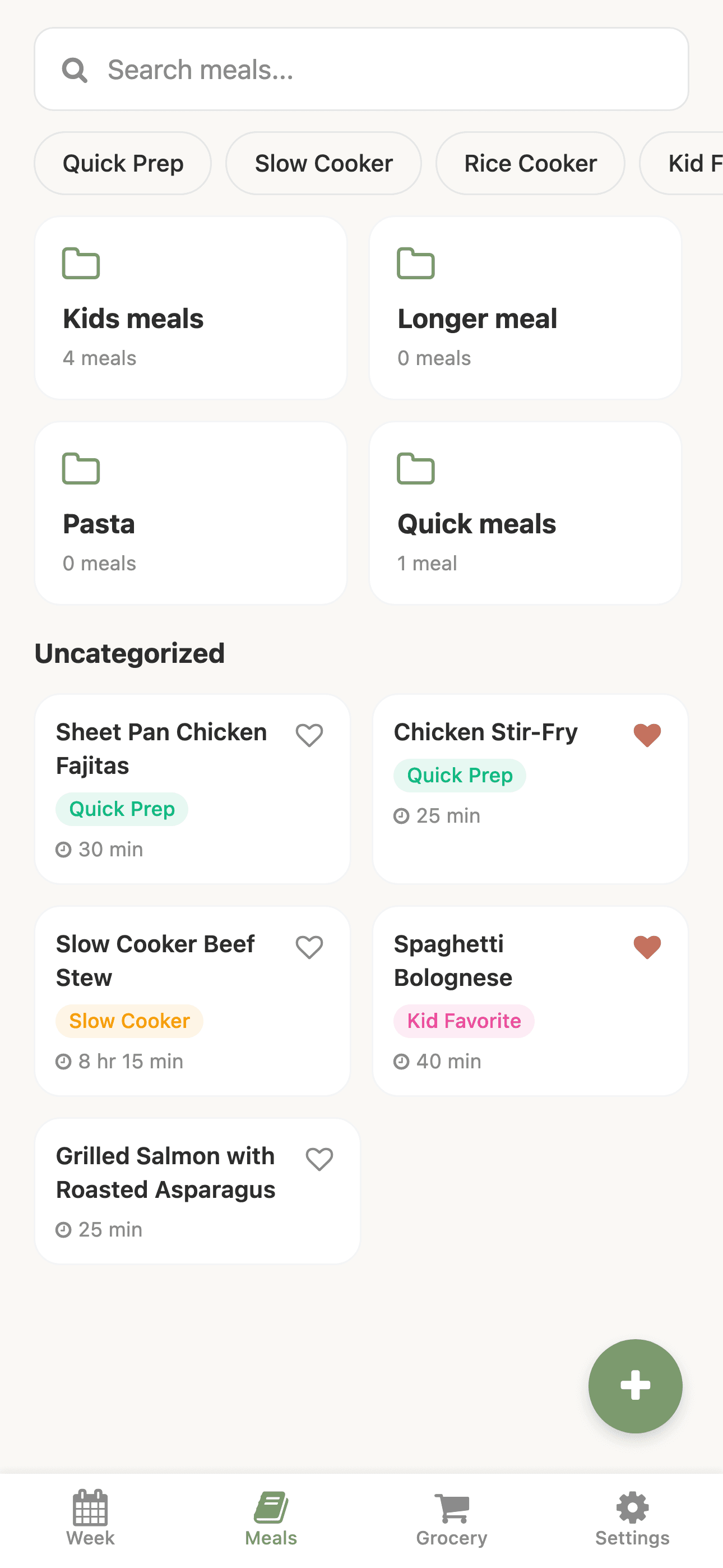 The recipe library, organized into collections with favorites and filters.