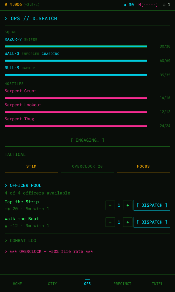 A Strip raid resolving live in the terminal: auto-combat, a tactical Overclock, then the payout.