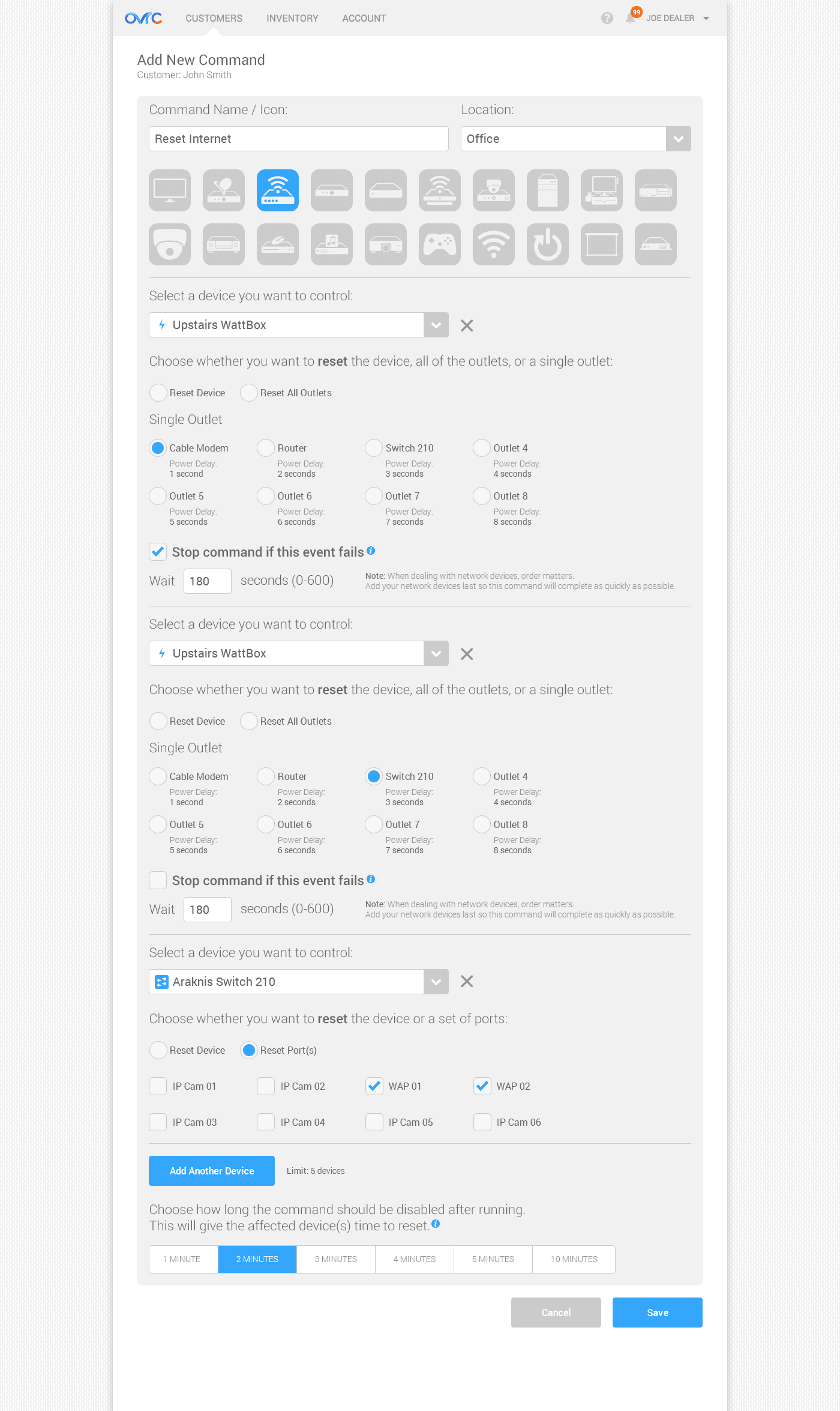 Add-command setup for configuring macros that ship to the homeowner