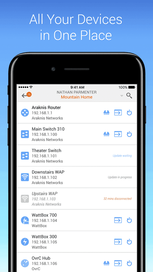 OvrC mobile app showing the device list for a customer location