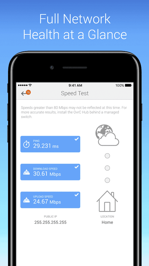 OvrC speed test showing network performance diagnostics