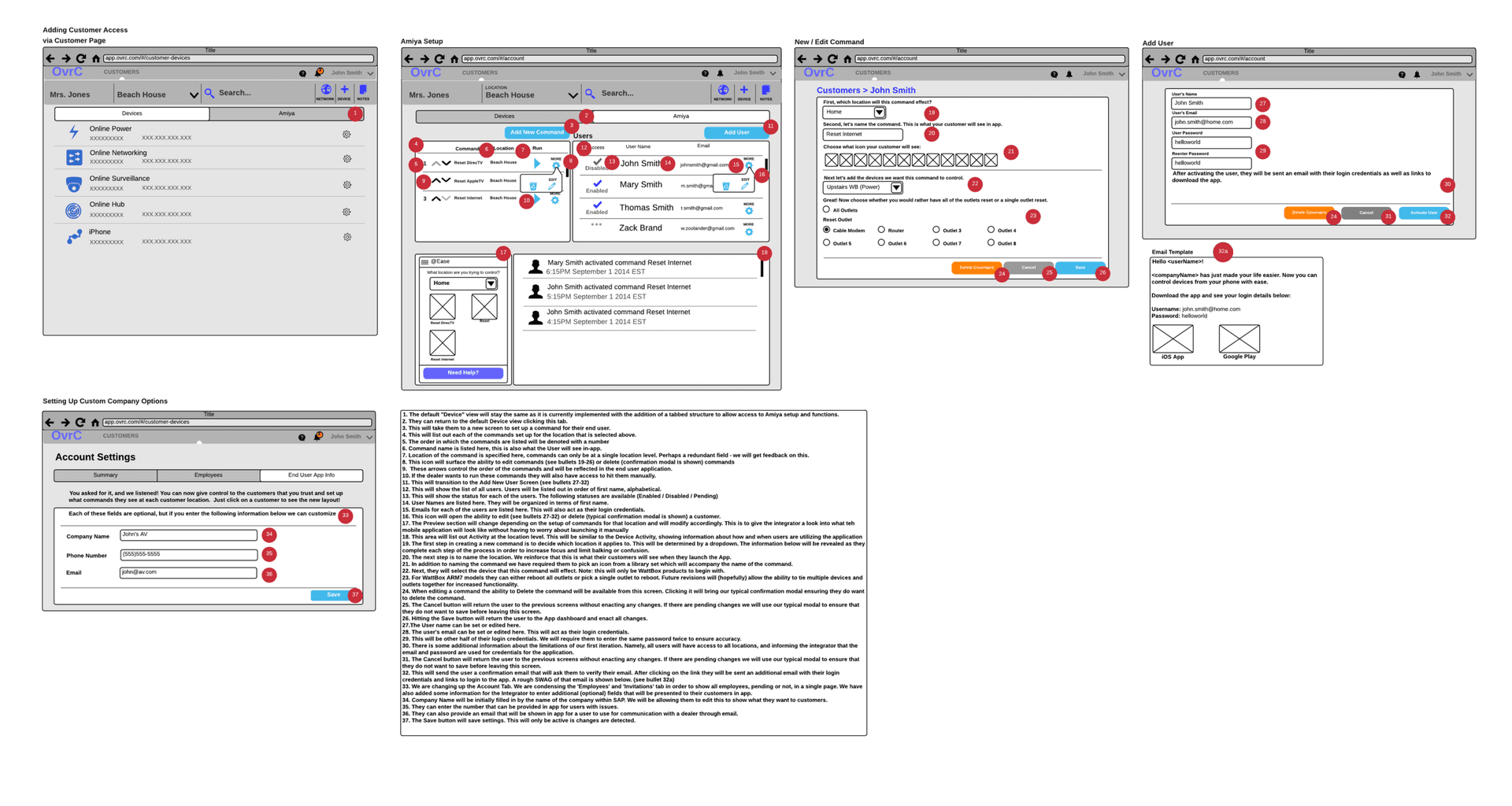 OvrC customer access setup wireframes showing the dealer configuration workflow
