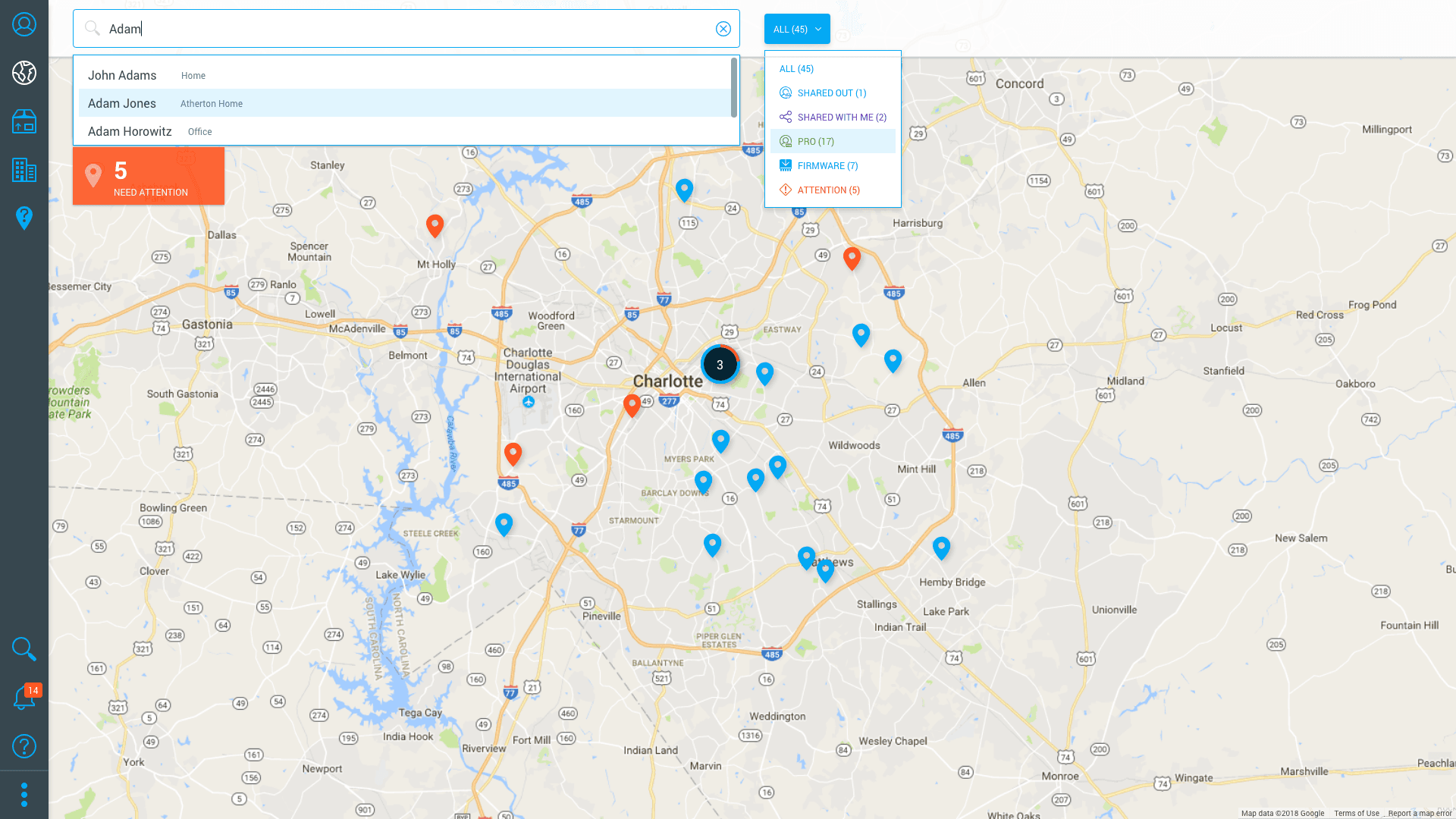 Detailed customer map view centered on the Charlotte, NC area