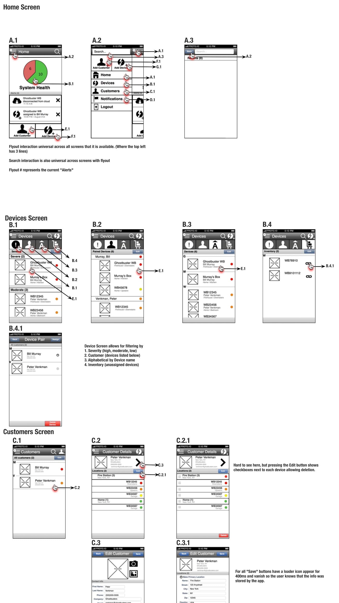 OvrC mobile wireframes showing early design exploration