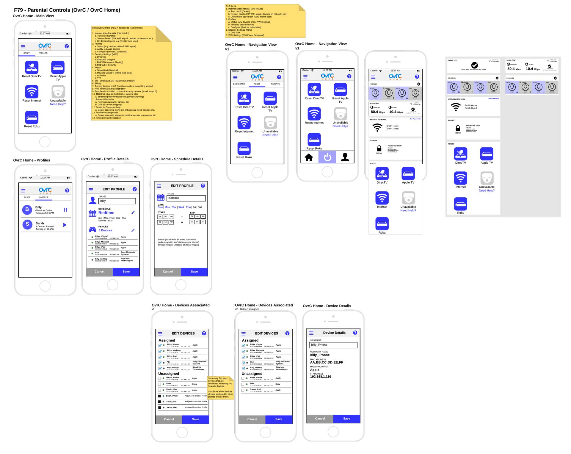 OvrC Home parental controls wireframes