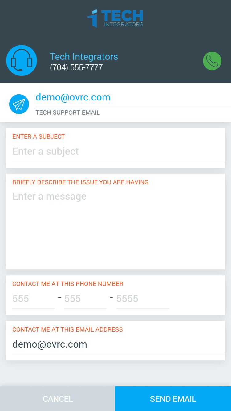 OvrC Home branded support contact screen for Tech Integrators